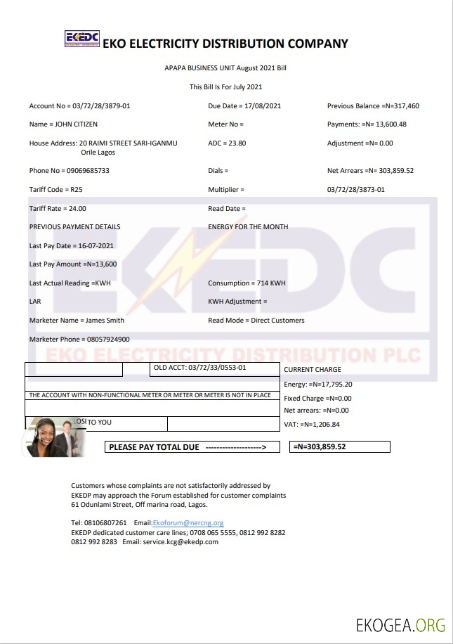 Nigeria Eko Electricity Distribution Company (EKEDC) utility bill template in Word and PDF format